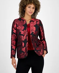 Kasper Petite Floral Jacquard One Button Collarless Jacket