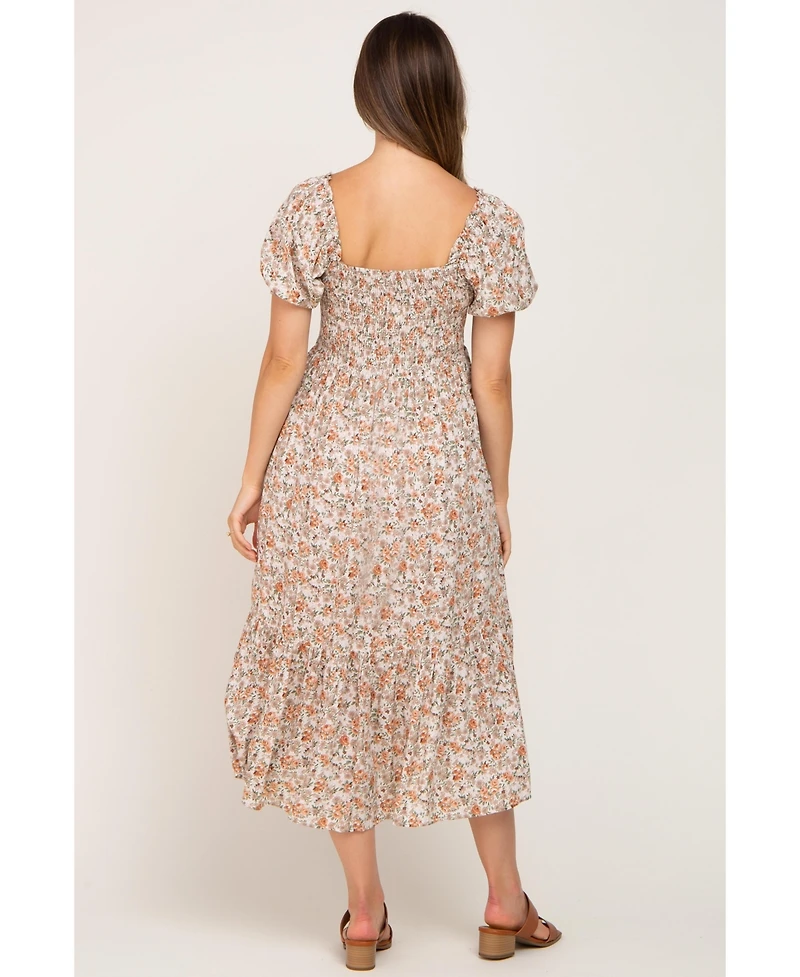 Pinkblush Maternity Taupe Floral Smocked Puff Sleeve Midi Dress