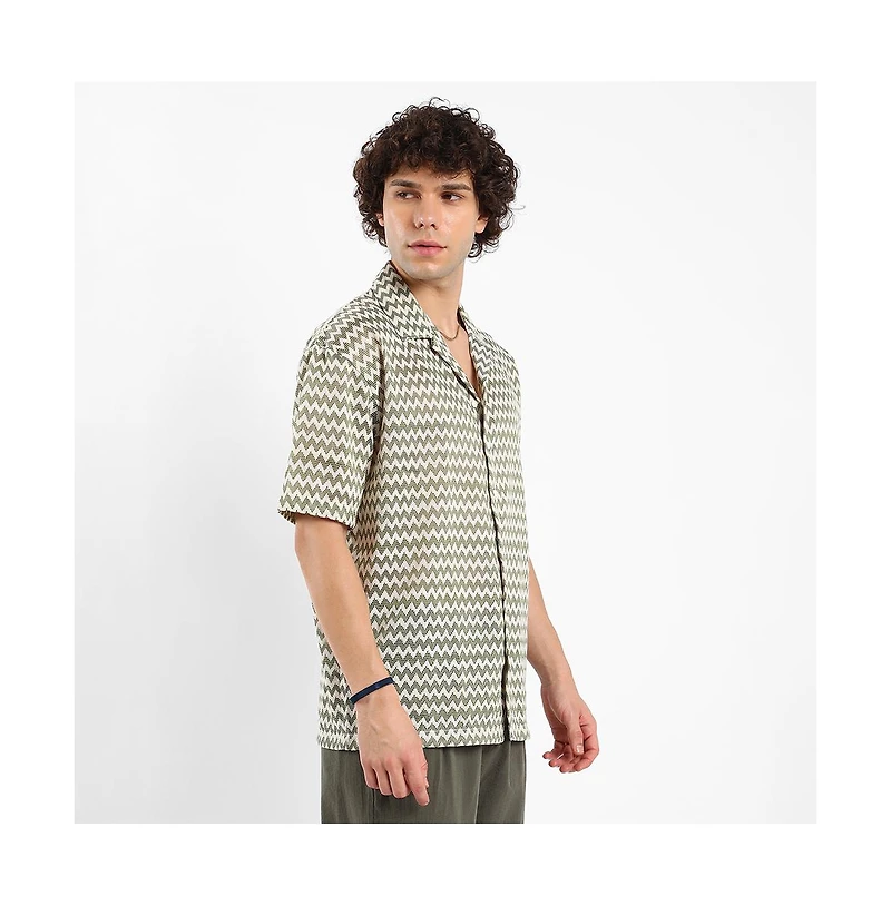 Campus Sutra Men's Olive Green & Powder White Chevron-Striped Oversized Shirt