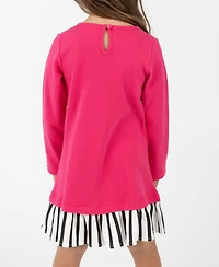 Rare Editions Little Girls Interlock Dress with Black & White Striped Hem