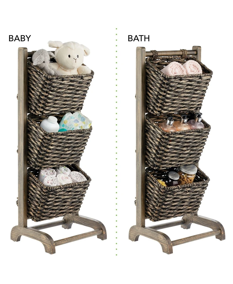 mDesign Water Hyacinth 3-Tiered Storage Baskets Floor Stand - Black/Black Wash