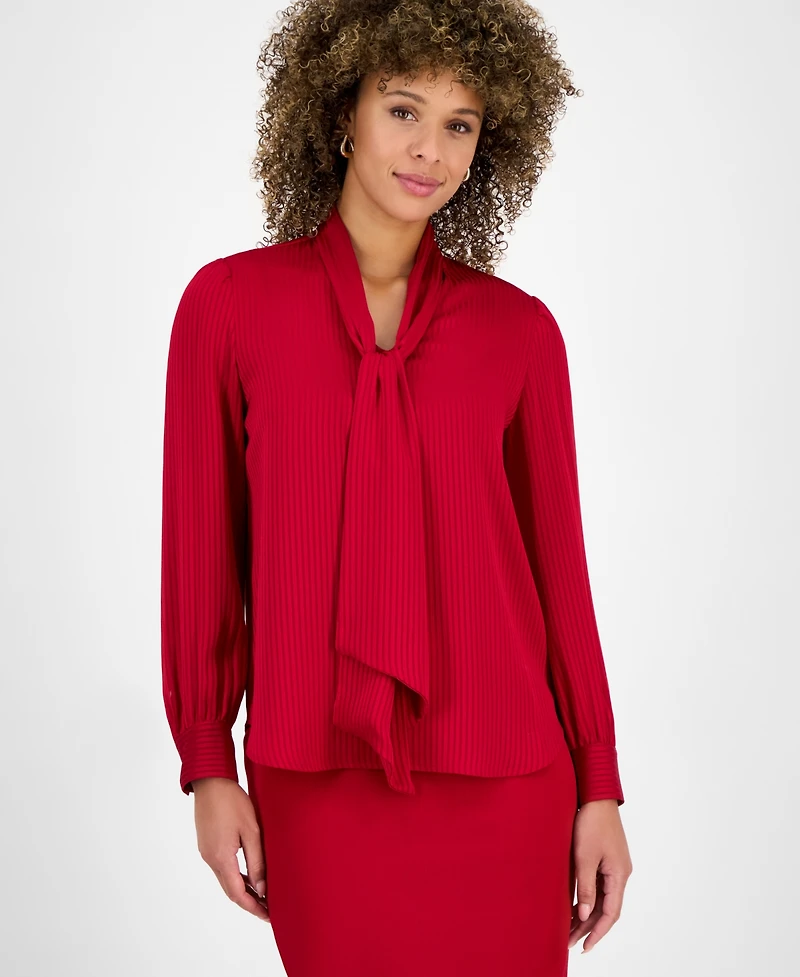 Kasper Women's Satin Long-Sleeve Tie-Neck Blouse