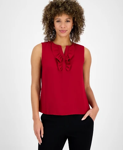 Kasper Petite Split-Neck Ruffle-Front Sleeveless Blouse