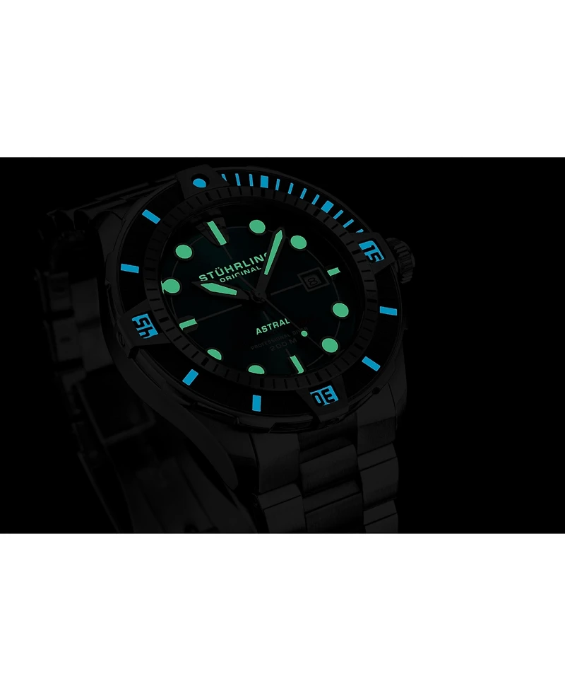 Stuhrling Men s Astral Diver 44mm Swiss Automatic Watch, Teal Dial, Stainless Steel Bracelet, Rotating Bezel, 200M Water Resistant