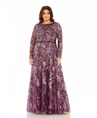 Mac Duggal Women's Plus Long Sleeve High Neck Embroidered Gown