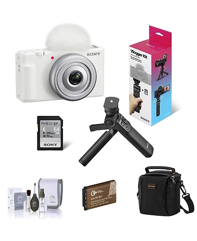 Sony Zv-1F Vlogging Camera, White Bundle with ACCVC1 Vlogger Accessory Kit, Extra Battery, Shoulder Bag, Cleaning Kit