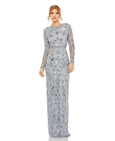 Mac Duggal Women's High Neck Long Sleeve Embellished Column Gown