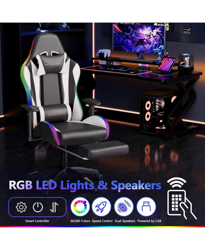 Mr Ironstone Gaming Chair with Speakers and Led Lights Ergonomic Massage Computer Gaming Chair with Broaden Cusion and Footrest High Back Video Game C
