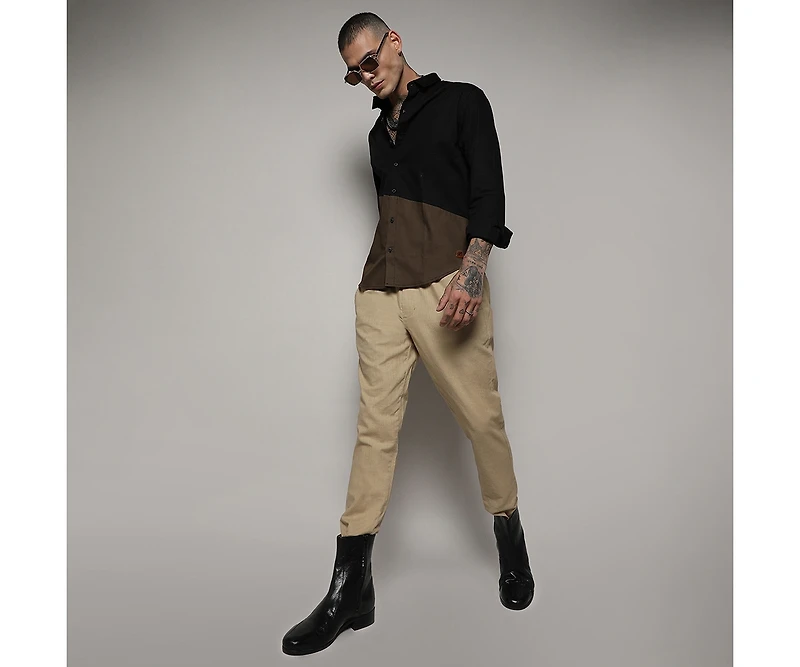 Campus Sutra Men's Black & Olive Green Contrast Panel Shirt
