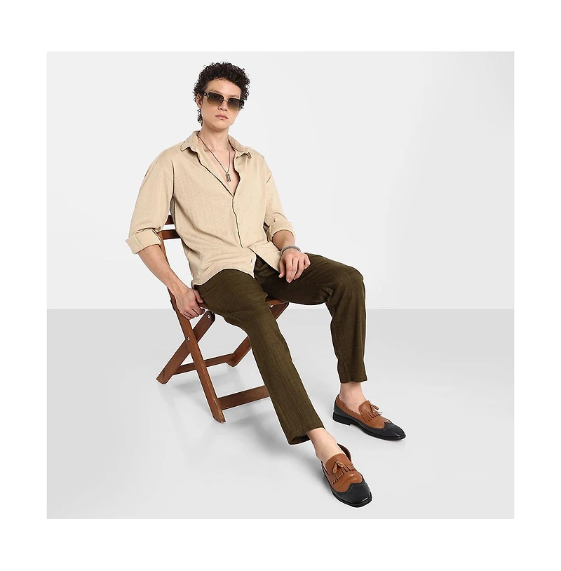 Campus Sutra Men's Light Beige Spear-Textured Shirt