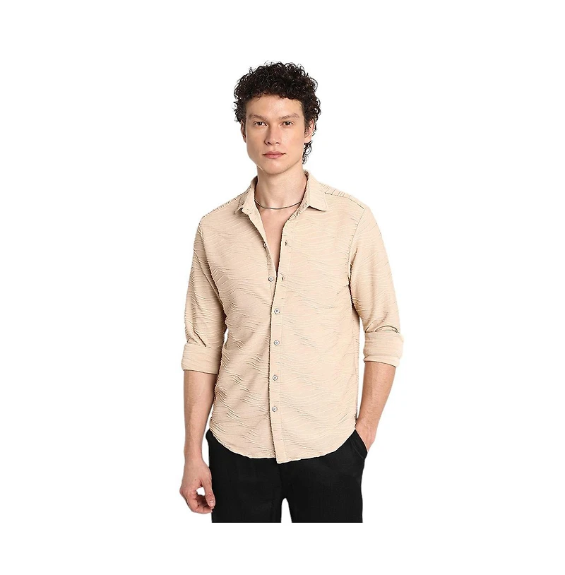 Campus Sutra Men's Saltbox Beige Self-Design Wave Shirt