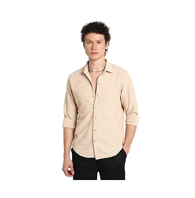 Campus Sutra Men's Saltbox Beige Self-Design Wave Shirt