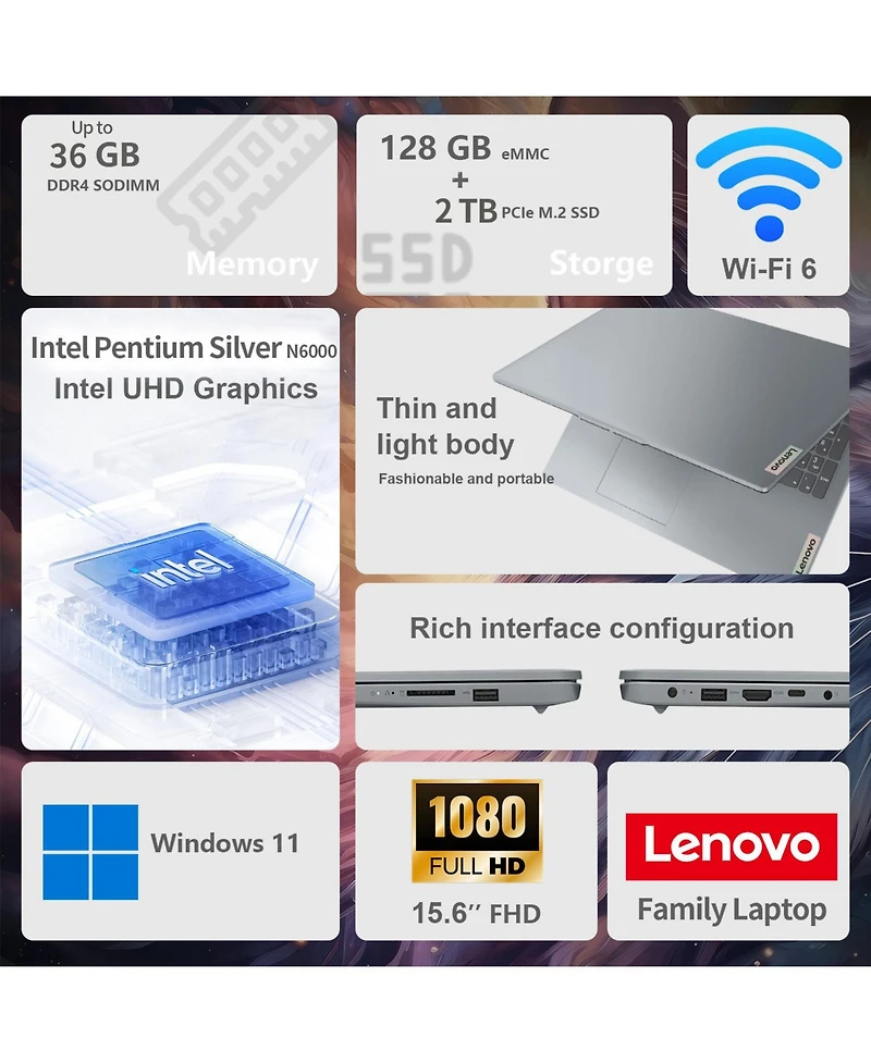 Lenovo IdeaPad 1 15.6" Entry Traditional Laptop Intel Pentium Silver N6000 4GB Ram Intel Uhd Graphics 128GB eMMC Storage Windows 11 Home Fhd 60Hz
