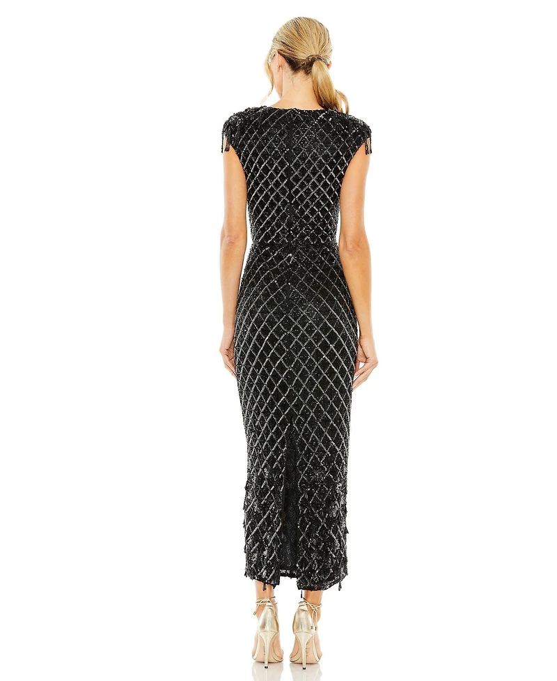 Mac Duggal Women's High Neck Dress w/ Crystal Fringe Detail