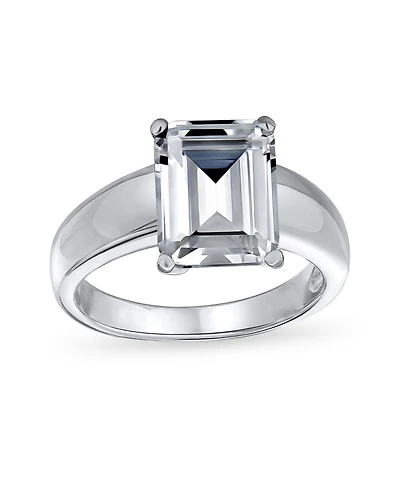 Bling Jewelry Modern Classic 3CT Cz Solitaire Rectangle Radiant Emerald Cut Promise Ring Sterling Silver Plain Wide Band