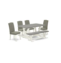 East West Furniture 6-Piece Gorgeous Dining Room Set a Great Cement Color Wood Dining Table Top and Cement Color Dining Room Bench and 4 Amazing Linen