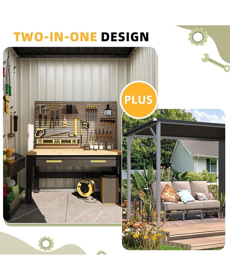 Aecojoy 4'x14' Outdoor Open-Sided Storage Shed with Attached Hardtop Metal Pergola