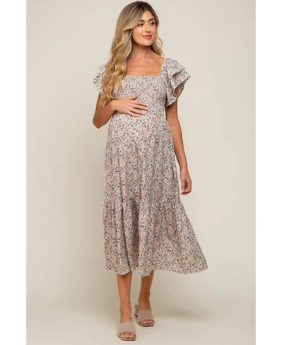 Cream Floral Flutter Maternity Midi Dress