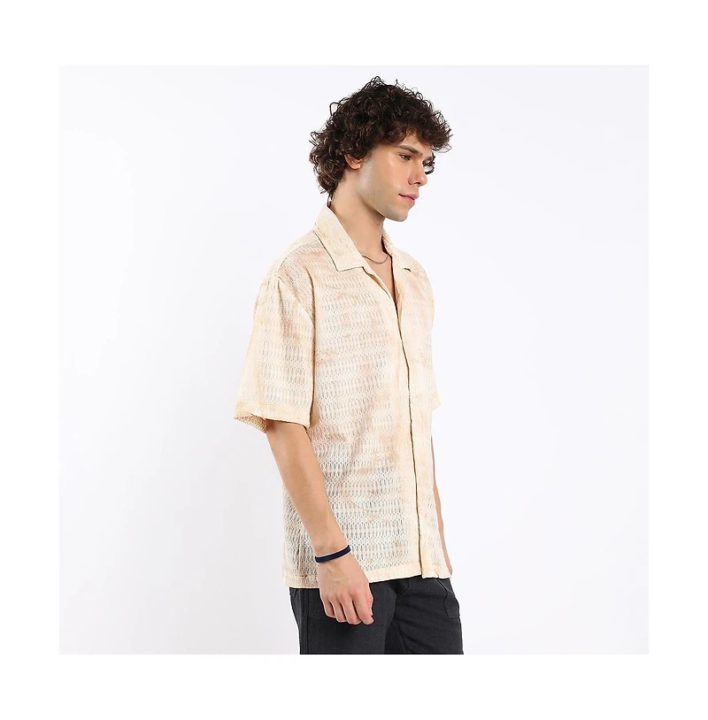 Campus Sutra Men's Tan Brown & Ivory White Faded Woven Oversized Shirt