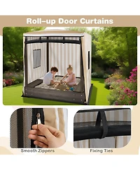 Kids Wooden Sandbox with Canopy Mesh Door Windows Bench Seats Foldable Storage Box