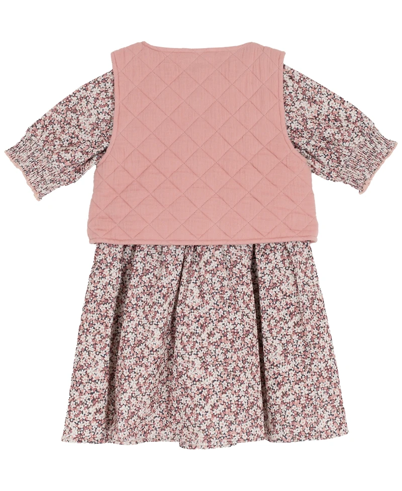 Rare Editions Little Girls Floral Corduroy Dress with Quilted Vest, 2 pc