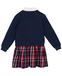 Rare Editions Little Girls Polo Collar & Plaid Skirt Dress with Patch-Covered Sweatshirt, 2 pc