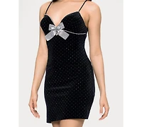 Blondie Nites Juniors' Bow Front Studded Velvet Sweetheart Neck Dress