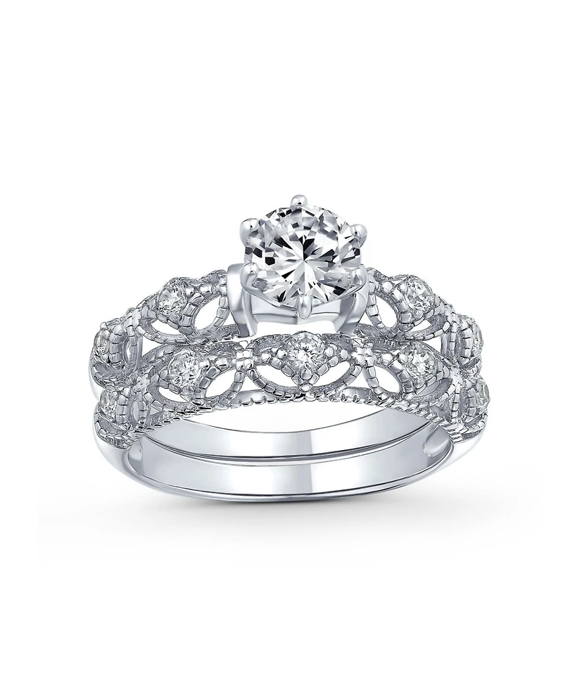 Bling Jewelry 1CT Round Cz Solitaire & Filigree Band Promise Ring Set in Sterling Silver