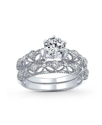 Bling Jewelry 1CT Round Cz Solitaire & Filigree Band Promise Ring Set in Sterling Silver