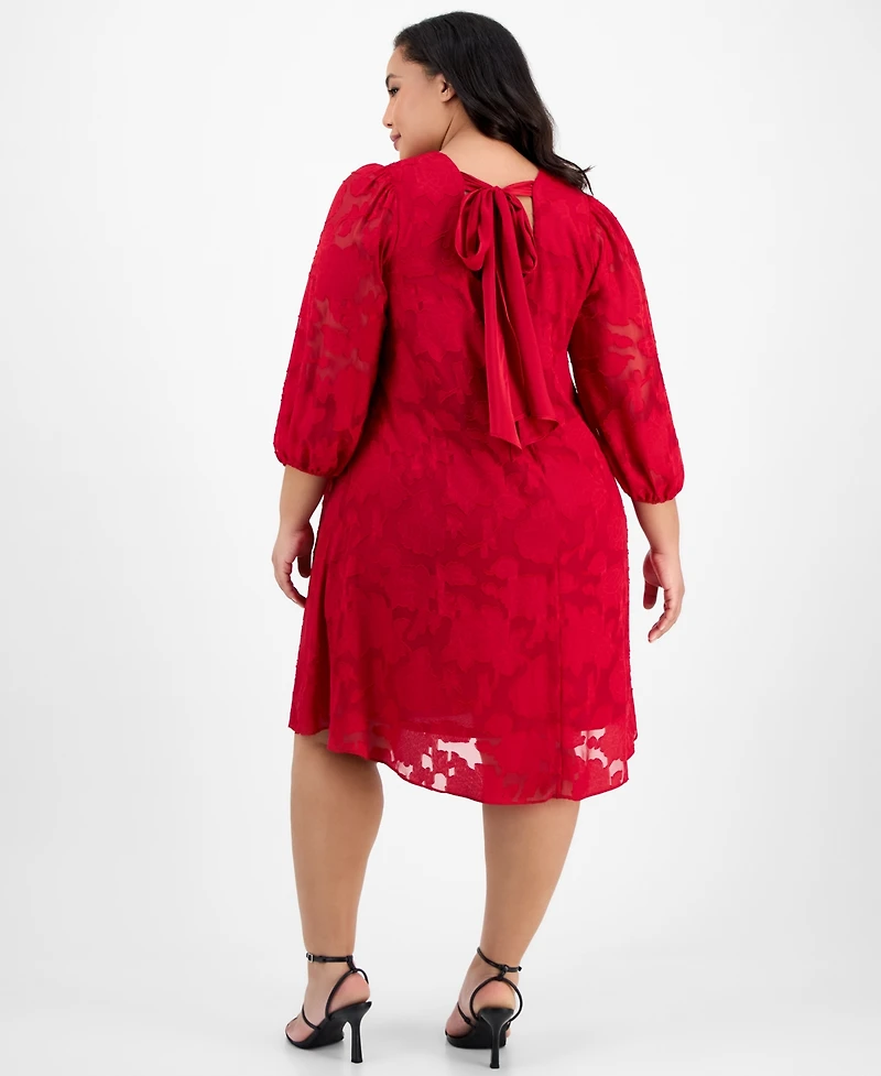 Robbie Bee Plus Size Floral Burnout Blouson-Sleeve Shift Dress