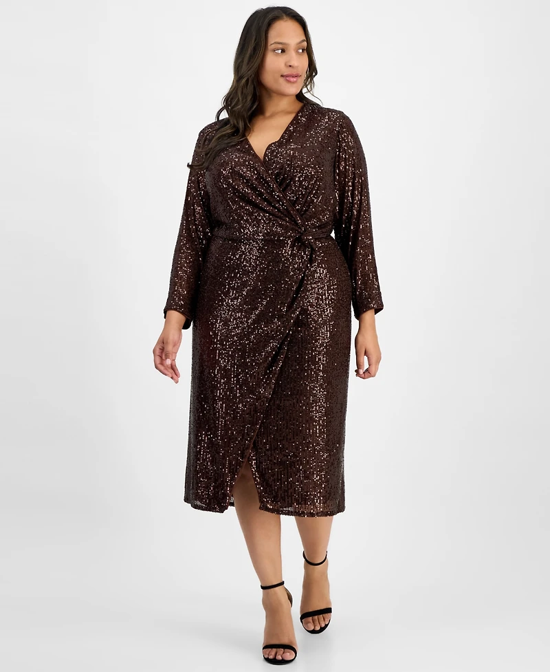 London Times Plus Sequin Faux-Wrap Sheath Dress