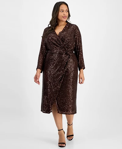 London Times Plus Sequin Faux-Wrap Sheath Dress