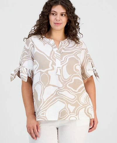 Charter Club Plus Linen Tie-Sleeve Printed Top, Macy's Exclusive