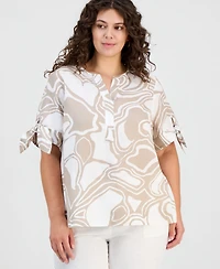 Charter Club Plus Linen Tie-Sleeve Printed Top, Macy's Exclusive