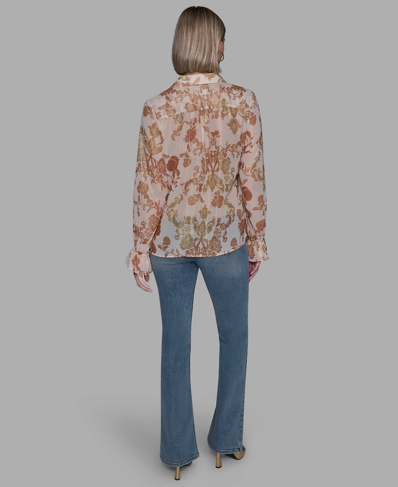 Karl Lagerfeld Paris Women's Printed Ruffled Long Sleeves Blouse