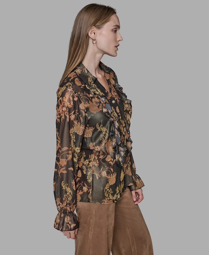 Karl Lagerfeld Paris Women's Printed Ruffled Long Sleeves Blouse