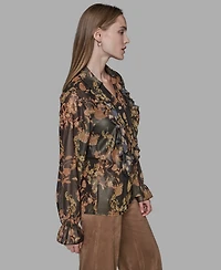 Karl Lagerfeld Paris Women's Printed Ruffled Long Sleeves Blouse