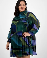 London Times Plus Printed Pleated Blouson-Sleeve Shift Dress
