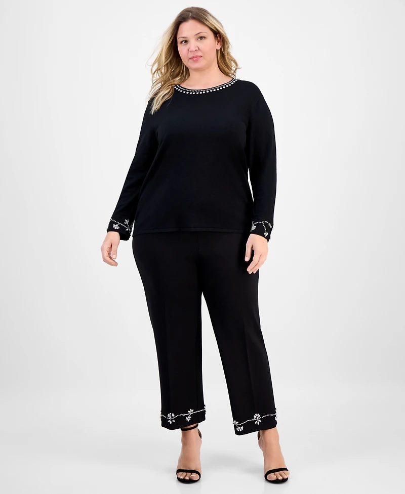 Anne Klein Plus Embellished Bracelet-Sleeve Sweater