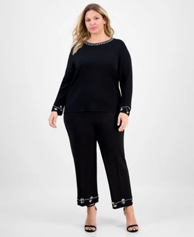 Anne Klein Plus Size Embellished Bracelet Sleeve Sweater Embellished High Rise Kick Flare Pants