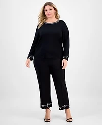 Anne Klein Plus Size Embellished Bracelet Sleeve Sweater Embellished High Rise Kick Flare Pants
