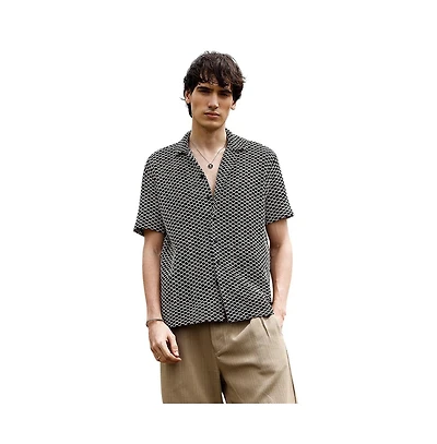 Campus Sutra Men's Midnight Black & Powder White Contrast Rhombus Oversized Shirt