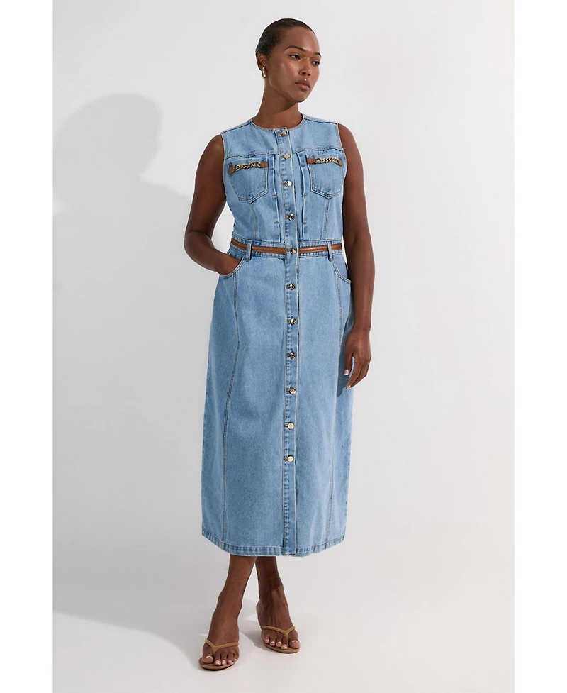 Karen Millen Women's Tipping Sleeveless Midi Denim Dress