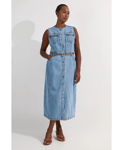 Karen Millen Women's Tipping Sleeveless Midi Denim Dress