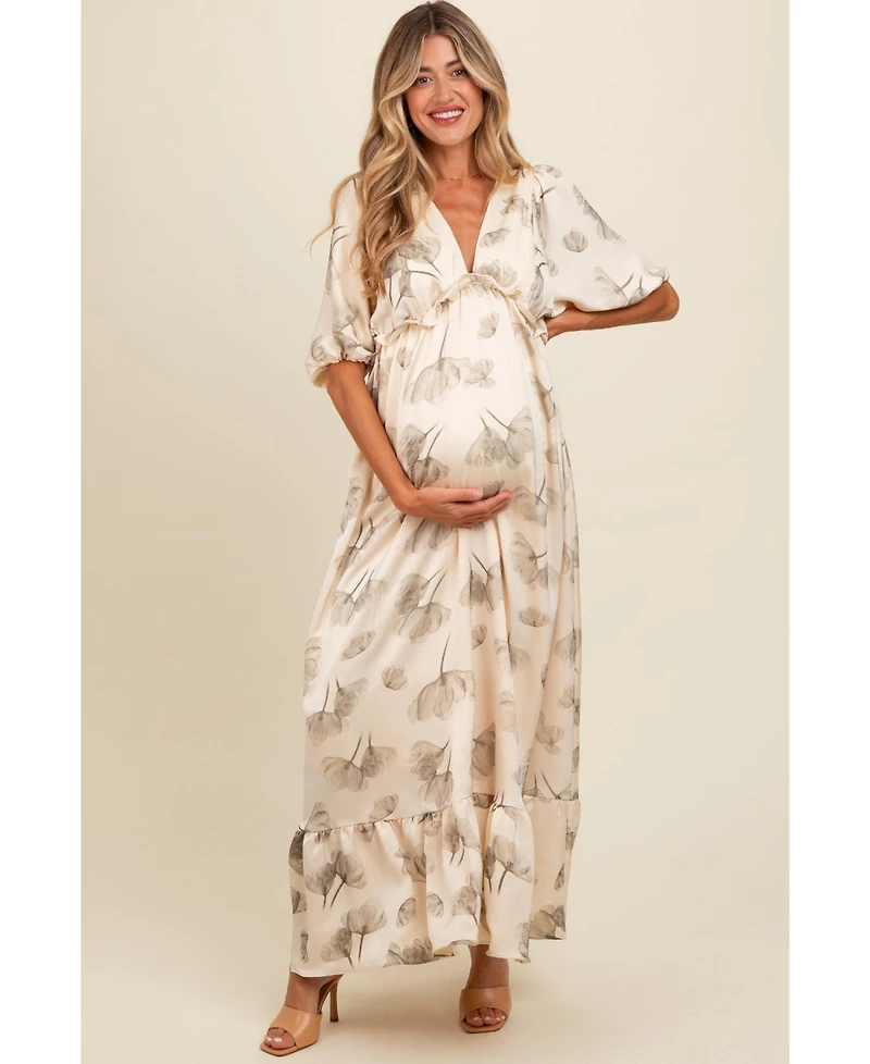 Pinkblush Maternity Cream Floral Chiffon Ruffle Accent Maxi Dress
