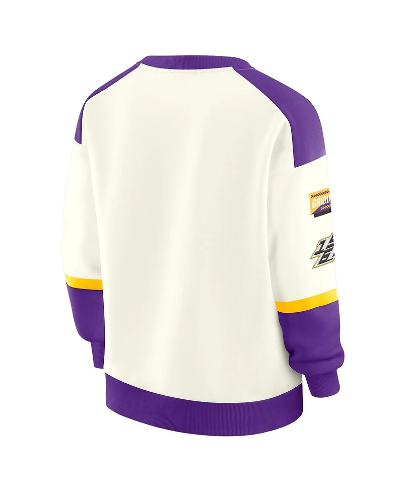 Wear by Erin Andrews Women's Cream Minnesota Vikings Racing Crew V-Neck Sweatshirt