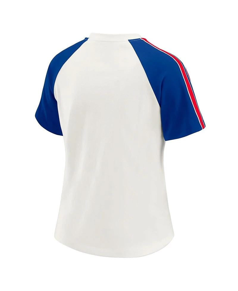 Wear by Erin Andrews Women's White Buffalo Bills Sleeve Stripe Distressed Raglan T-Shirt