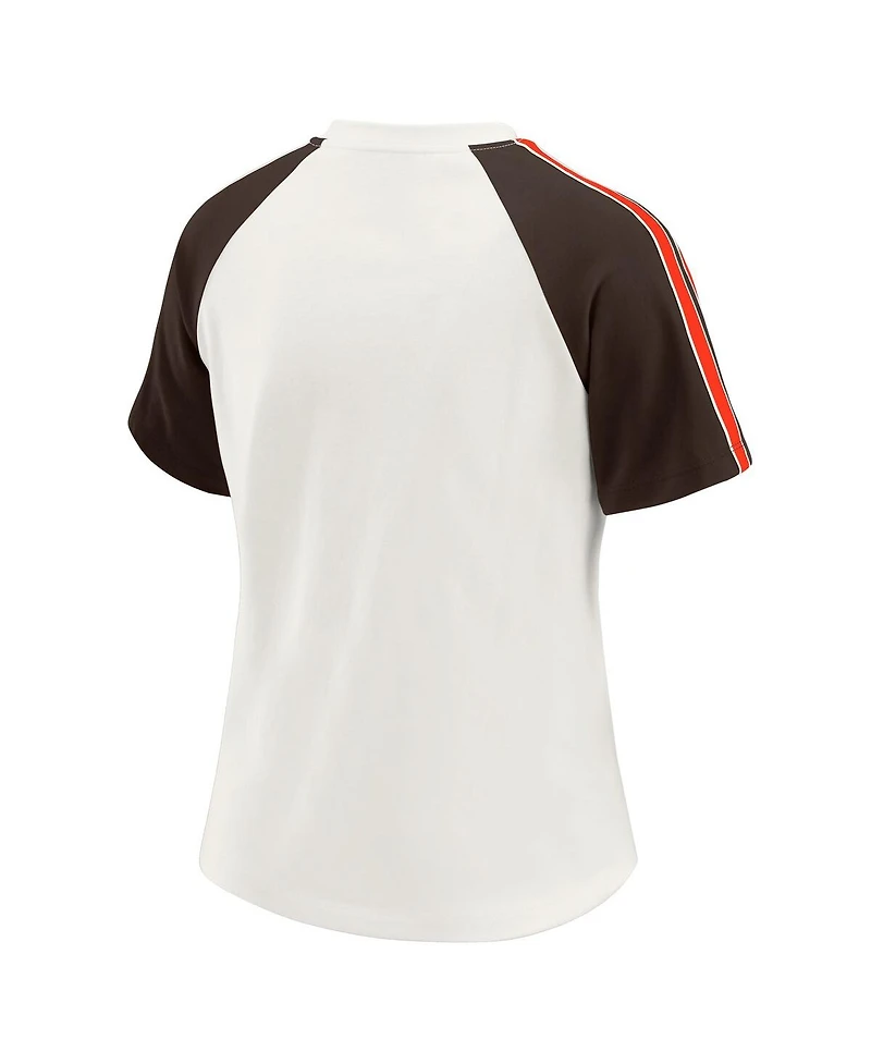 Wear by Erin Andrews Women's White Cleveland Browns Sleeve Stripe Distressed Raglan T-Shirt