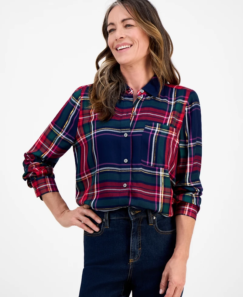 Style & Co Petite Festive Plaid Perfect Long-Sleeve Shirt, Macy's Exclusive