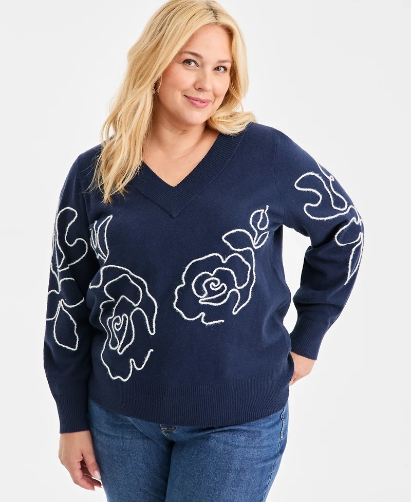 Style & Co Plus Size Embroidered Soutache Sweater, Macy's Exclusive
